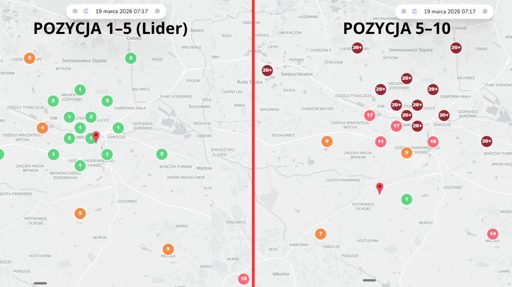 Porównanie widoczności firm w Google Maps na pozycji 1 do 5 oraz na pozycji 5 do 10